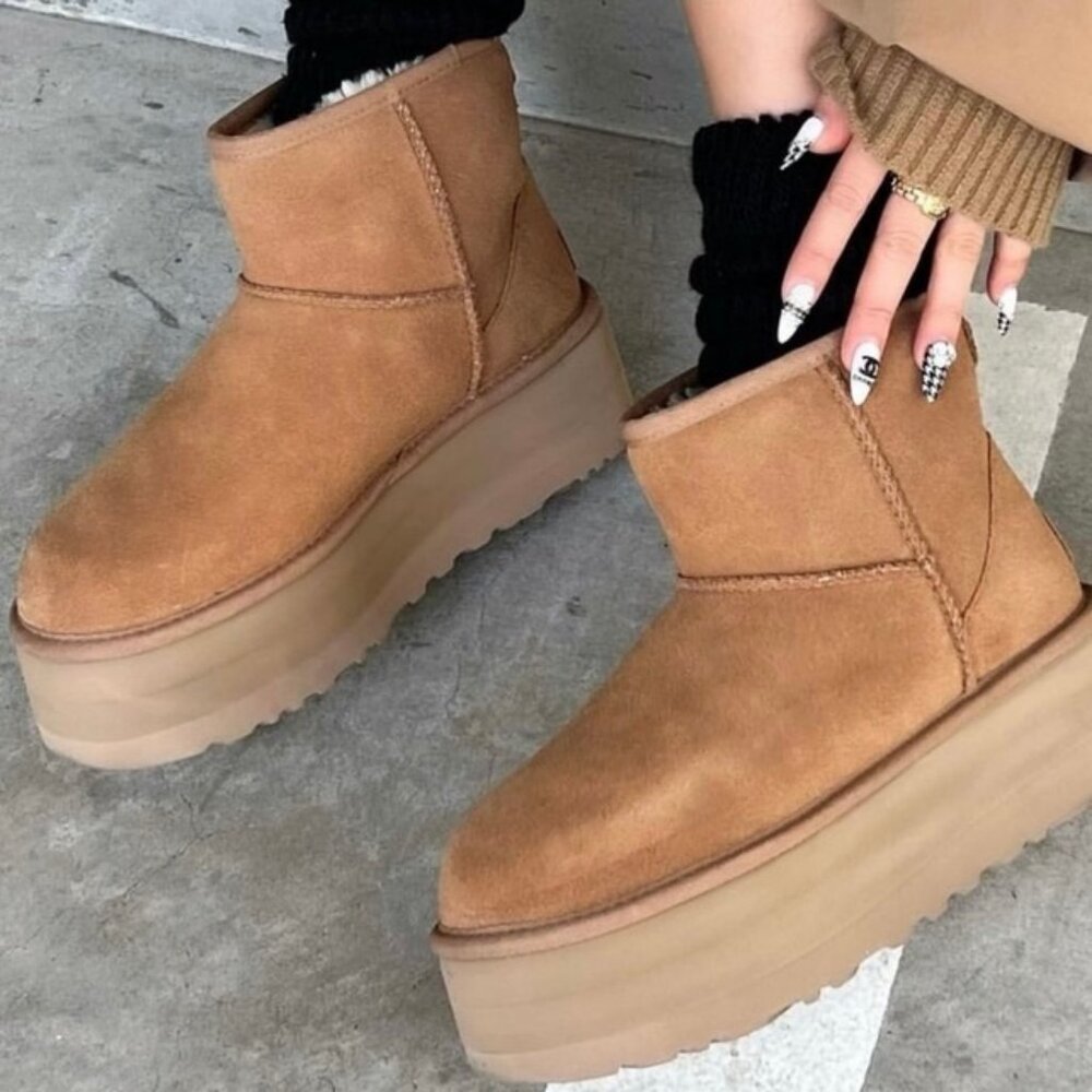 NEW🔥 Chestnut Tan Faux Fur Lined Platform Classic Ultra Mini Booties Ankle Boot - Picture 2 of 6
